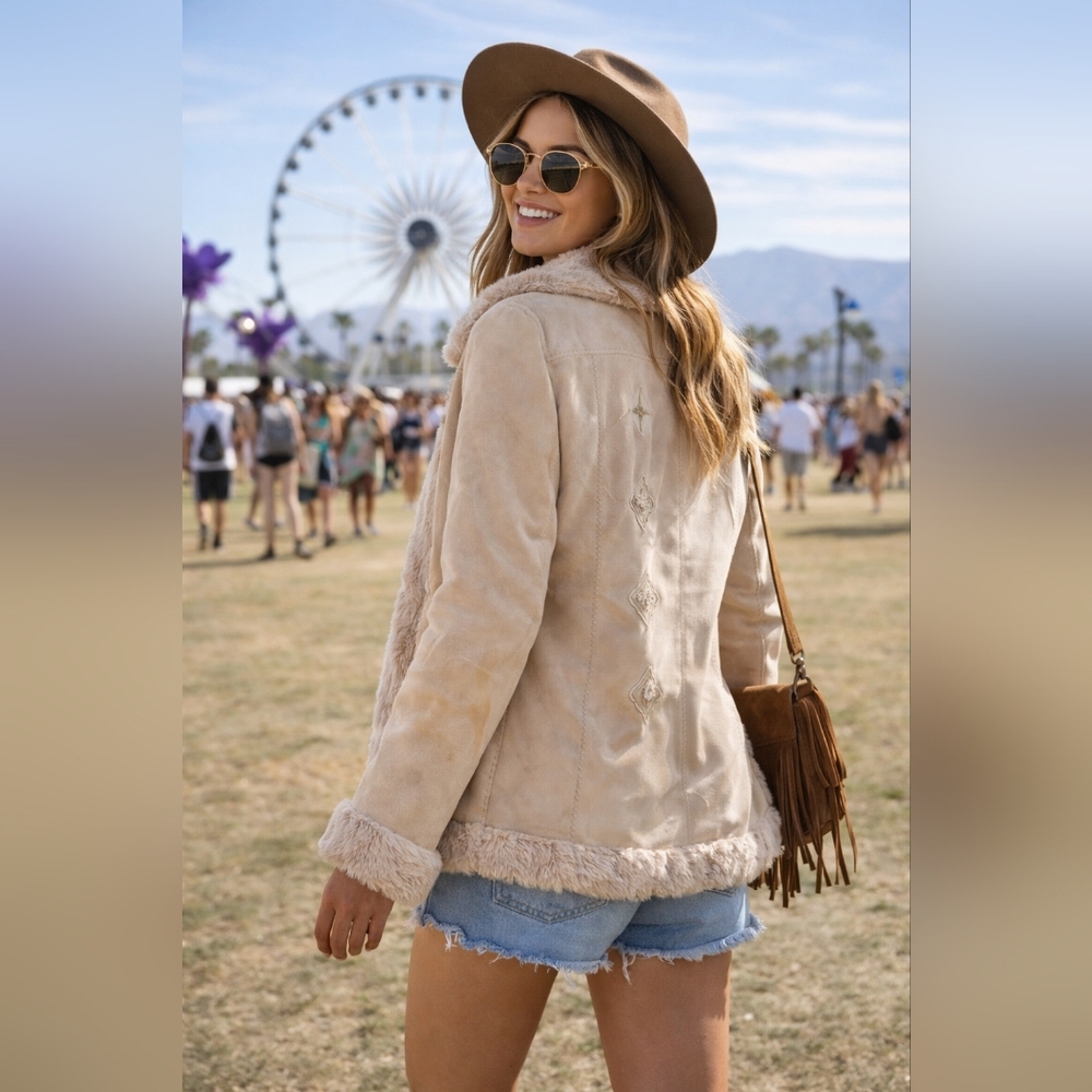 Beige Faux Suede Sherpa Lined Coat Jacket 1X Faux Fur Penny Lane Boho Festival